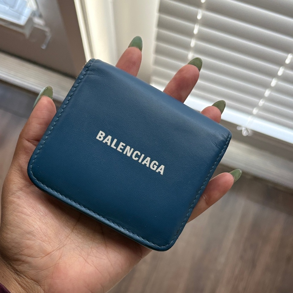 Balenciaga Teal Blue Leather Card Holder with White Logo